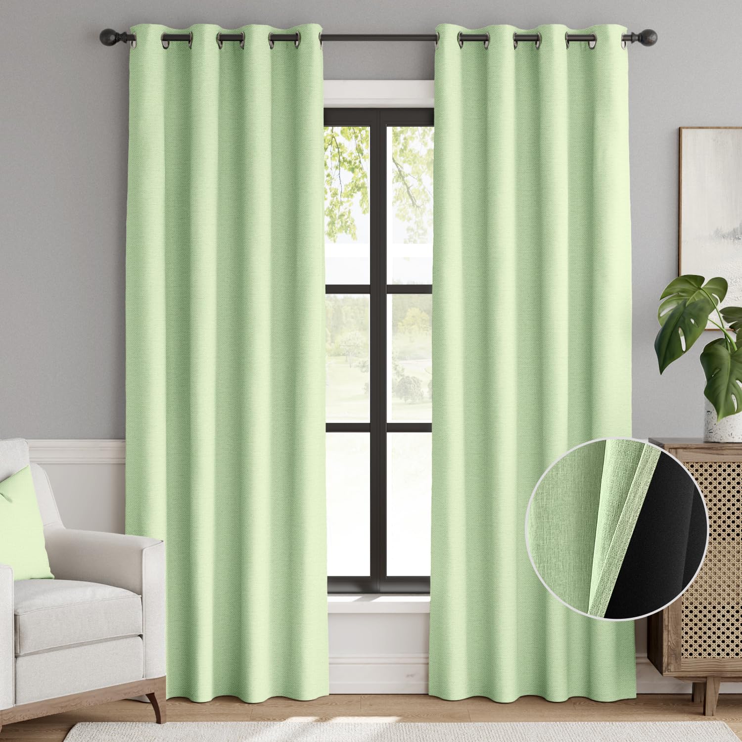 Jinchan 95% Blackout Curtain 84 Inch Length, Faux Linen Curtain For Living Room, Thermal Insulated Room Darkening Grommet Top Window Drape, 1 Panel Curtain For Bedroom Lime Green
